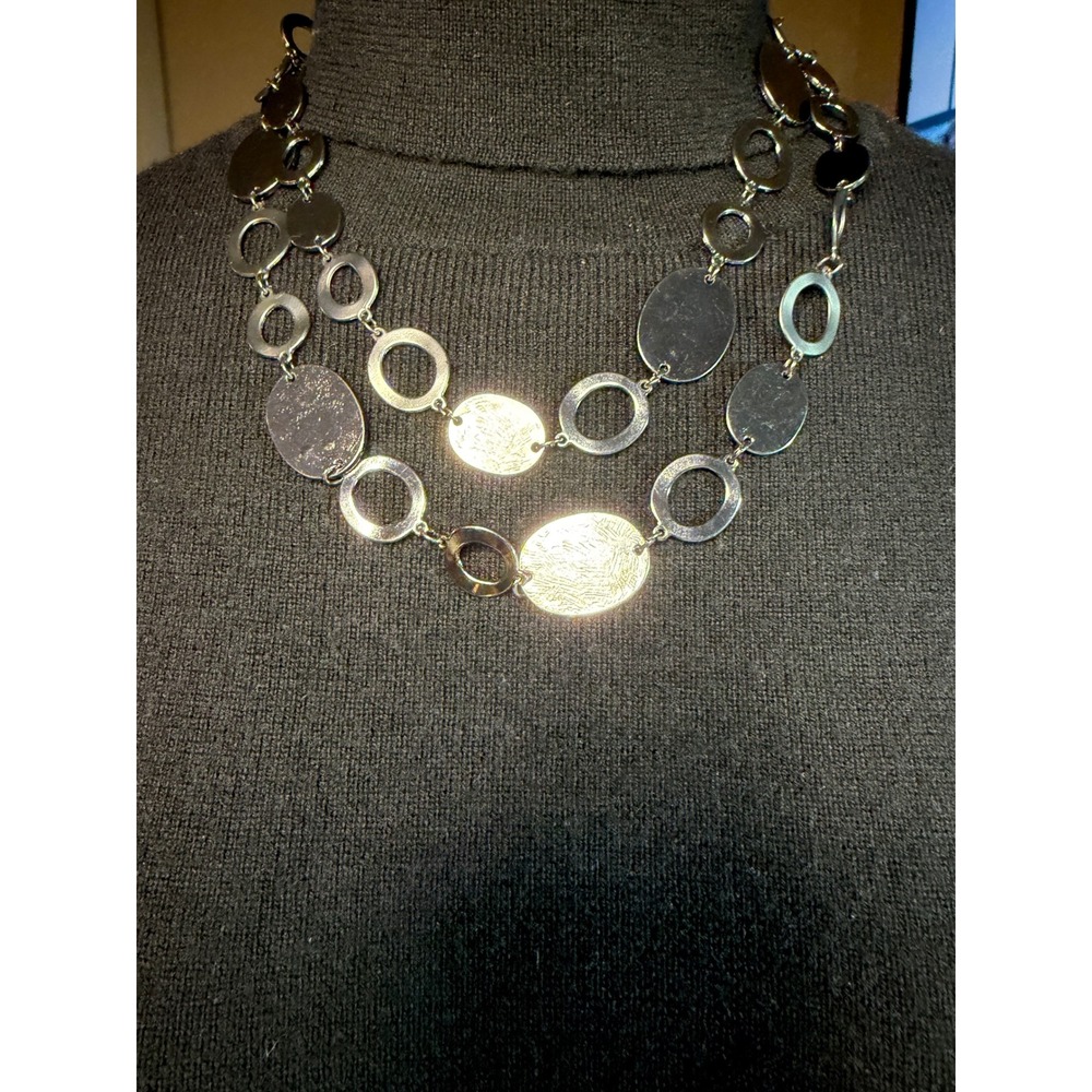 Chicos Long Black Gunmetal Statement Necklace Double Strand Geometric Oval Links - Picture 3 of 5